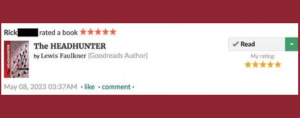 Image of 5 star review of the novel 'The Headhunter' by Rack at Faulknerfiction.com