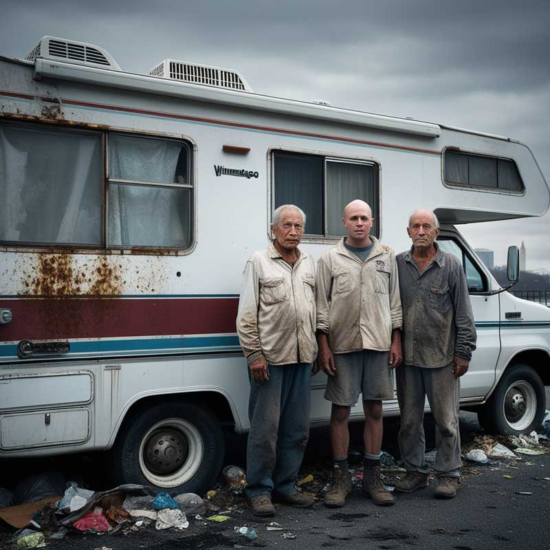 Image of a family of homeless men from Lewis Faulkner's novel “Radical.”